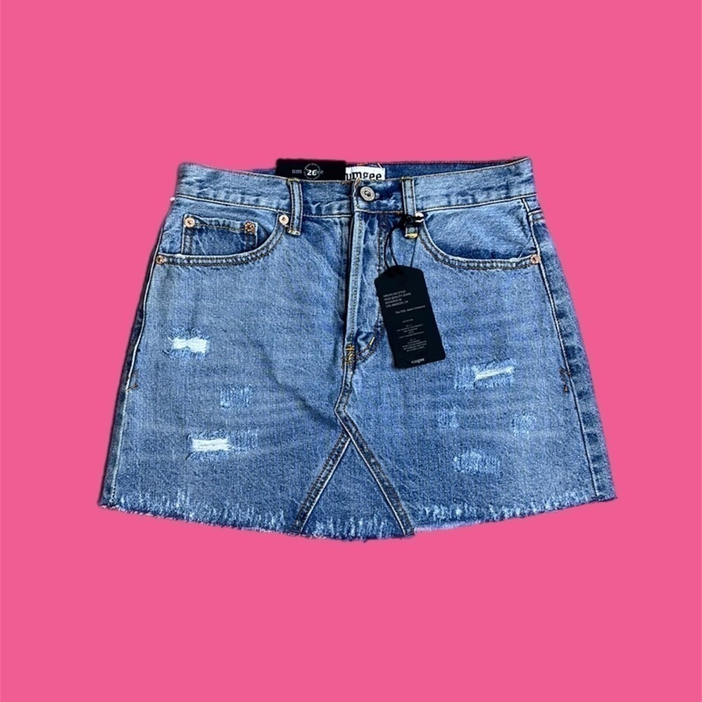 NWT Umgee Women’s Distressed Mini Denim Skirt Blue Frayed Hem Sz 26